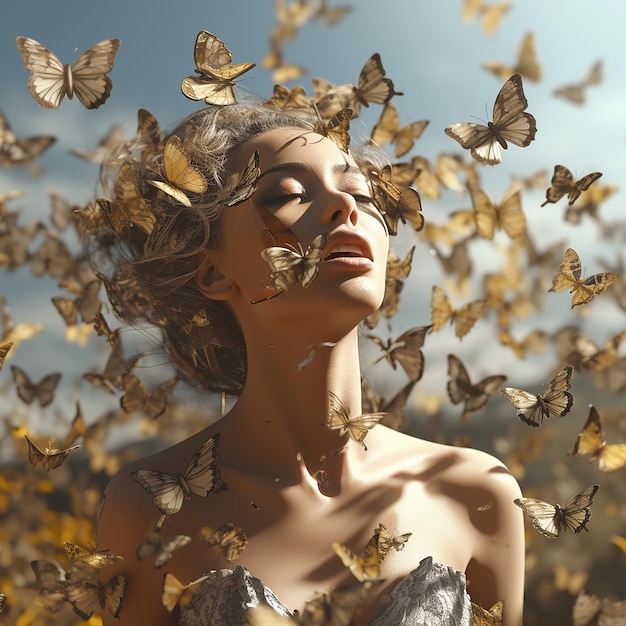Foto renderizado em 3d retrato conceitual de uma pessoa sobresstimulada vendo borboletas