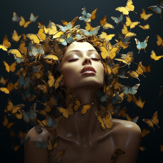 Foto renderizado em 3d retrato conceitual de uma pessoa sobresstimulada vendo borboletas