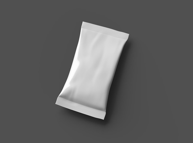 Renderizado de embalaje 3D de una bolsa de bocadillos de almohada aislada sobre un fondo oscuro