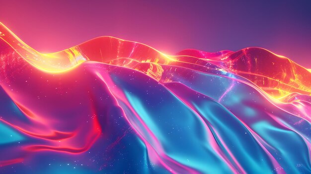 Renderizado de ondas de neón holográficas vibrantes y fluidas que forman un fondo curvo de colores abstractos