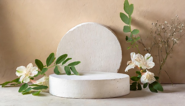 Renderizado de podio blanco minimalista en fondo crema pastel con exhibición de productos