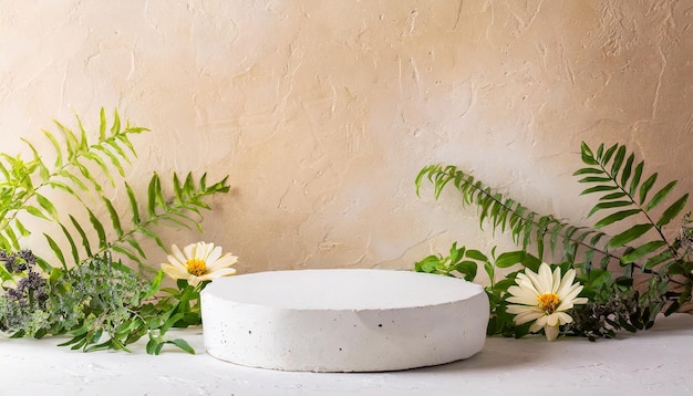 Renderizado de podio blanco minimalista en fondo crema pastel con exhibición de productos