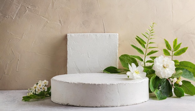 Renderizado de podio blanco minimalista en fondo crema pastel con exhibición de productos
