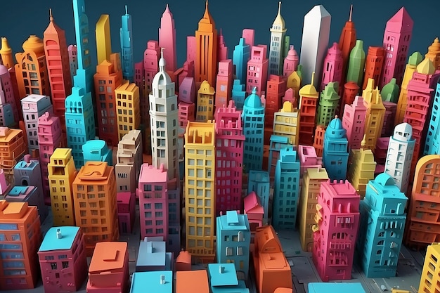 Renderizado tridimensional de un diorama de una ciudad colorida