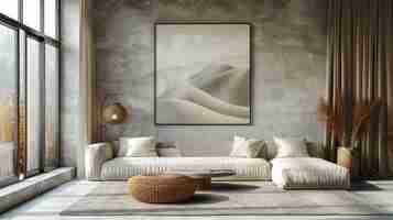 Foto renderizado tridimensional de una maqueta de marco iso a1 con un cartel de maqueta de vidrio reflectante en la pared de una sala de estar maqueta interior de fondo del apartamento diseño interior moderno
