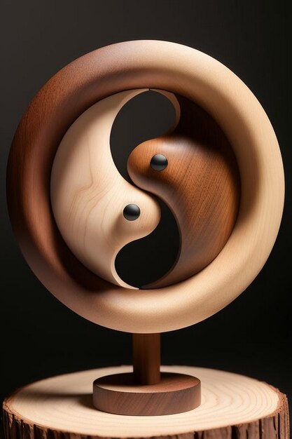 Foto renderizado tridimensional del símbolo yin y yang hecho de madera y hormigón