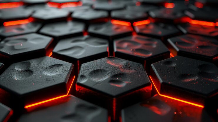 Foto renderizador 3d futurista abstrato com fundo preto com padrão hexagonal em relevo amplificador de luz vermelha brilhante