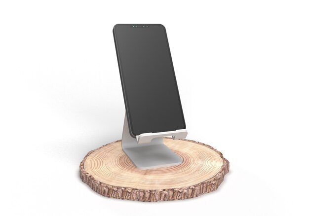 Foto renderizando smartphone e tora de madeira