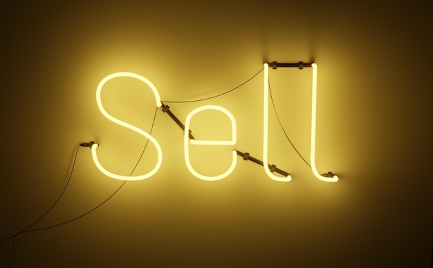 Rendern eines hellen, hellen Neonschilds mit Sell in gelber Aufschrift, das auf Rabattverkäufe Sell hinweist