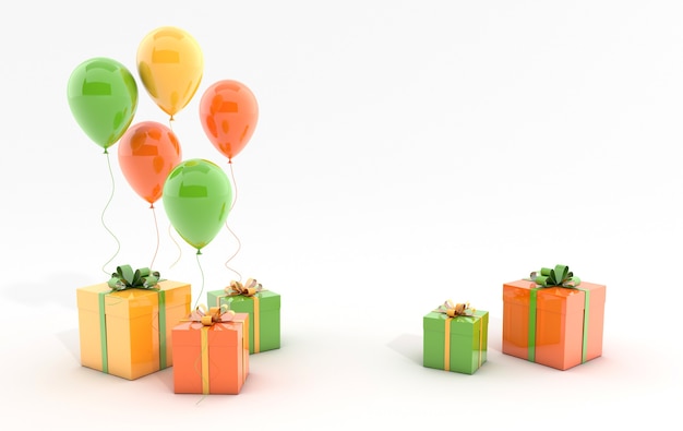 Rendern Sie Illustration von realistischen bunten Luftballons und Geschenkbox