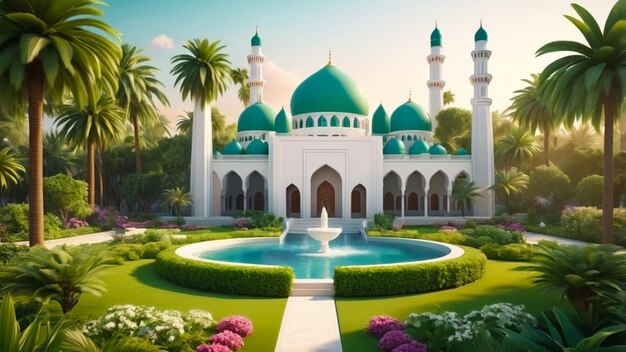 Renders 3D que representan una mezquita rodeada de jardines exuberantes