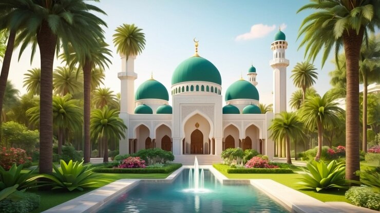 Renders 3D que representan una mezquita rodeada de jardines exuberantes