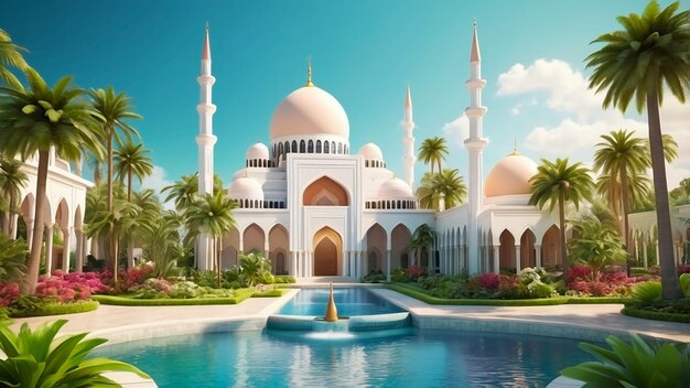Renders 3D que representan una mezquita rodeada de jardines exuberantes