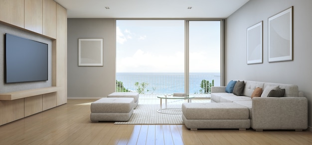 Rendição 3d da sala de visitas da opinião do mar com o terraço na casa de praia luxuosa moderna.