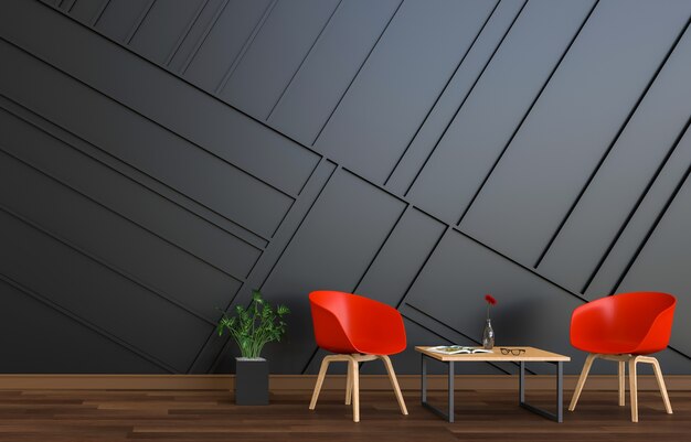 Rendição 3D da sala preta viva moderna interior com cadeira vermelha.