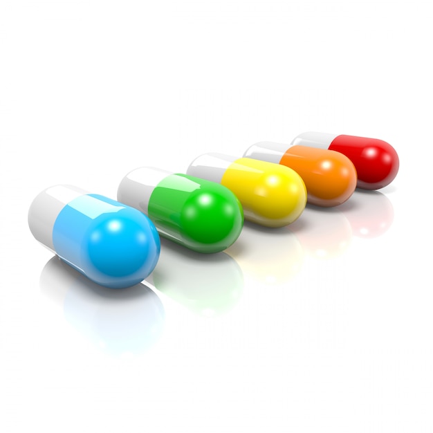 Rendição 3D de cápsulas coloridas do comprimido