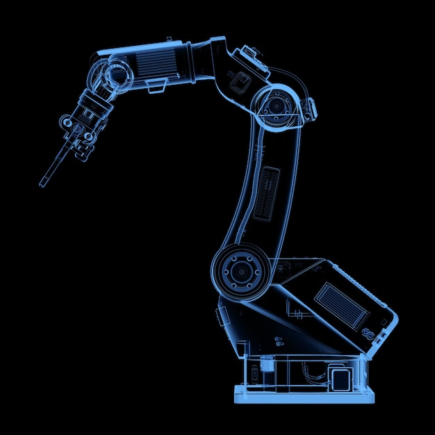 Foto rendição 3d de raio-x soldando braço robótico isolado em fundo preto
