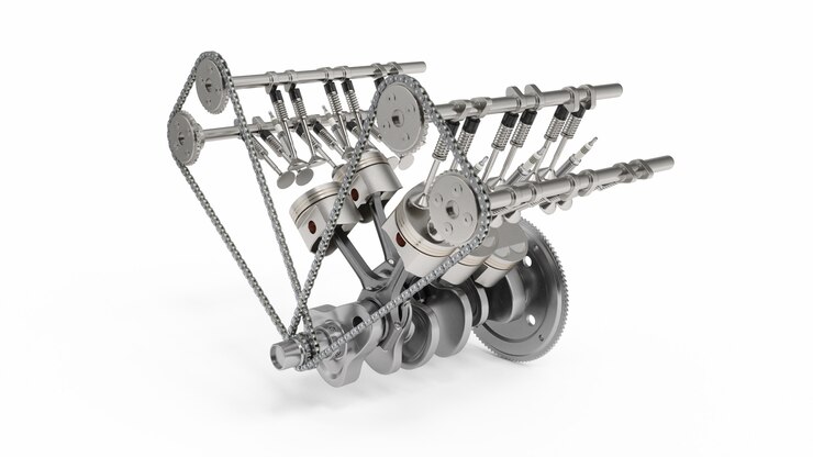 Foto rendição 3d de um motor de combustão interna. peças de motor, virabrequim, pistões, sistema de suprimento de combustível. pistões do motor v6 com o eixo de manivela isolado no branco. ilustração do motor do carro para dentro.