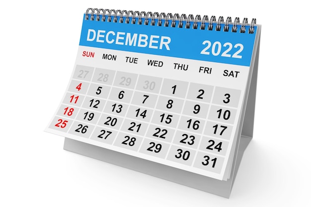 Rendição 3d do calendário de dezembro do ano 2022