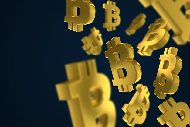 Rendição 3D do conceito do símbolo de moeda digital Bitcoin