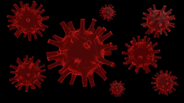 Rendição 3d do modelo de coronavirus no preto. covid-19