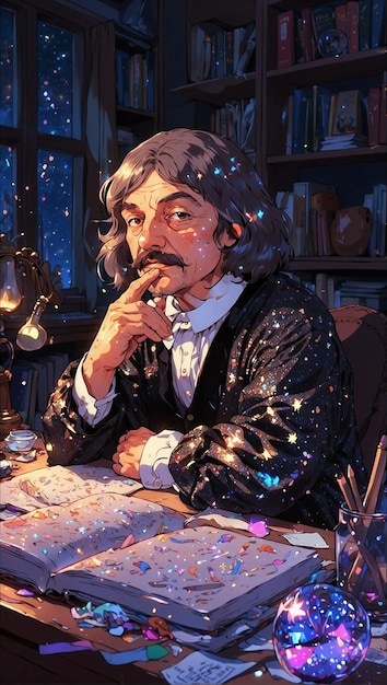 René Descartes en una sala de estudio por la noche