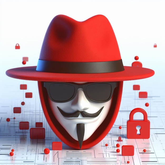 Renegado de ciberseguridad de moda Rendering 3D de una cara de dibujos animados de un hacker de sombrero rojo