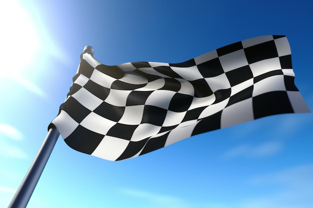 Rennfahnenschwenkendes 3D-Rendering mit Fahnenmast und blauem Himmel. Formel-1-Finish-Flagge-Textil-Autorennen