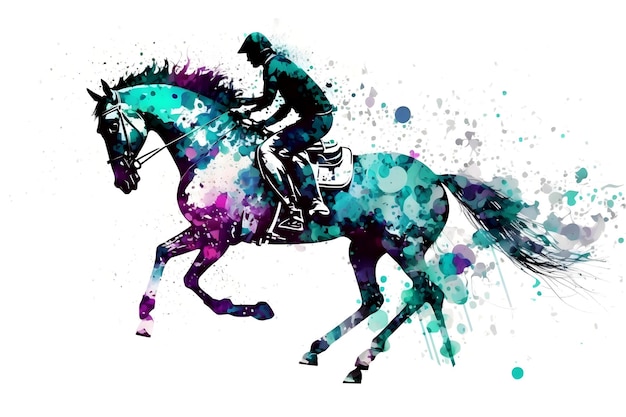 Rennpferd mit Jockey auf Aquarell-Splatter-Hintergrund Neuralnetzwerk-generierte Kunst