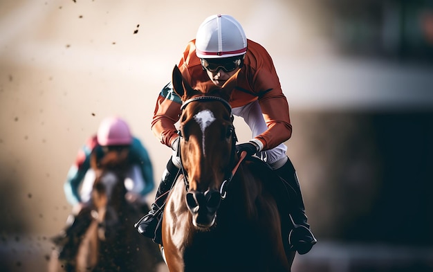 Foto rennpferde und jockeys kämpfen um den ersten platz auf der rennstrecke