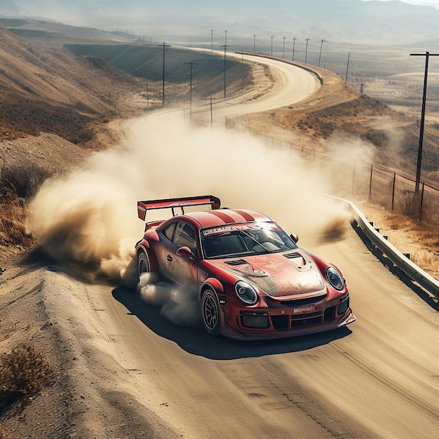 Rennwagen machen während der Rallye-Meisterschaft eine Kurve mit den Wolken und Spritzern aus Sand, Kies und Staub