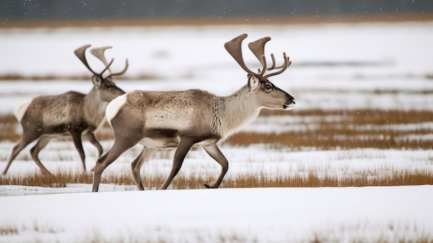 Un reno corre en la nieve.