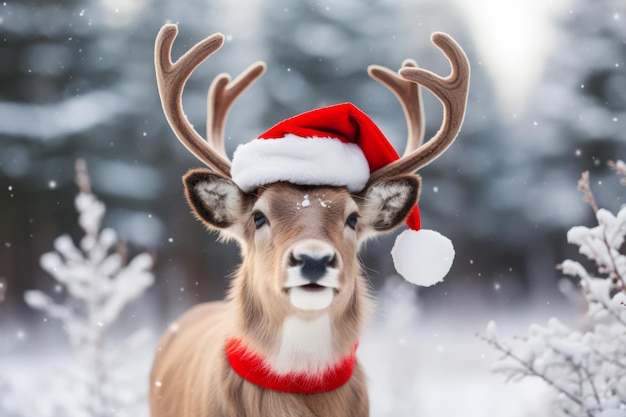 Un reno festivo con un sombrero de Papá Noel estaba de pie en un bosque nevado