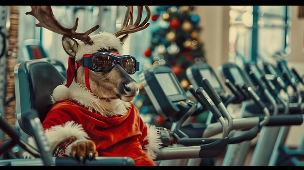 un reno con gafas y una bufanda roja se sienta en una cinta de correr