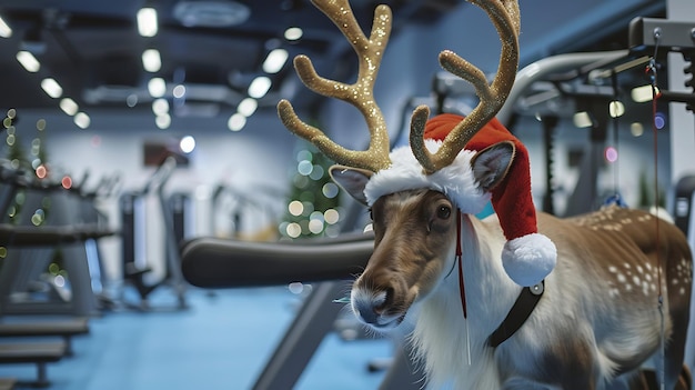 un reno que lleva un sombrero de Santa está usando un sombreiro de Santa