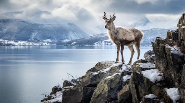 Un reno solitario de pie con orgullo en un afloramiento rocoso con vistas a un fiordo en Noruega