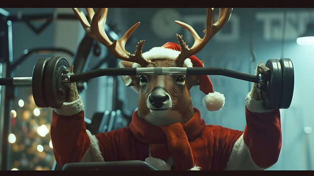 un reno con un sombrero de Santa y sosteniendo un par de pinzas