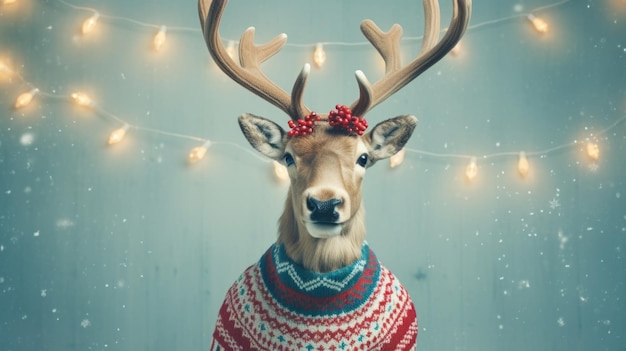reno con un suéter de Navidad tejido y guirnaldas en sus cuernos de fondo pastel.