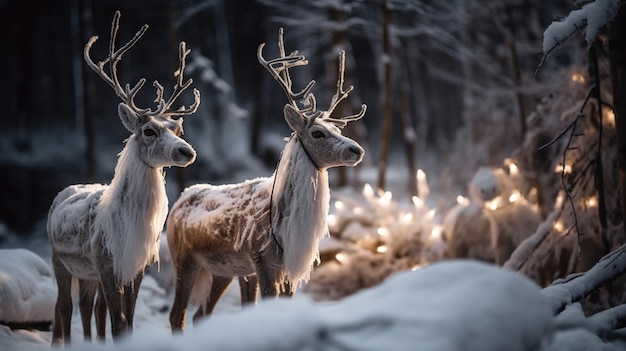 Renos en la nieve con luces encendidas