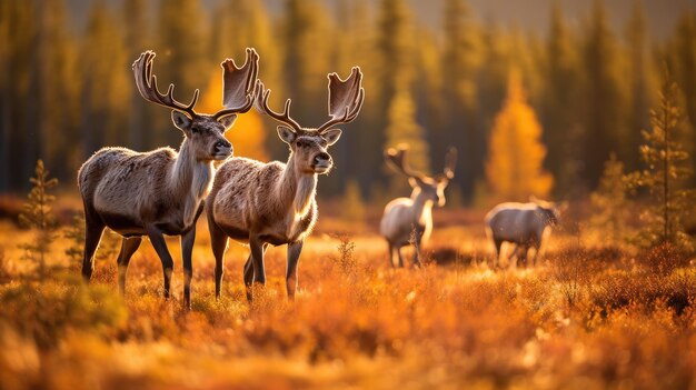 Los renos pastan pacíficamente en un prado iluminado por el sol rodeado de los dorados colores otoñales de Laponia
