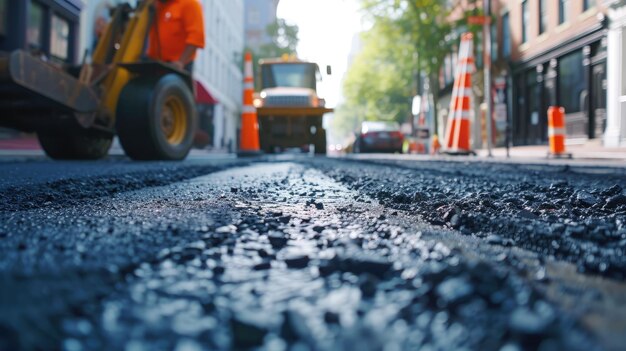 Foto renovação da superfície da rua construção de asfalto fresco estrada má