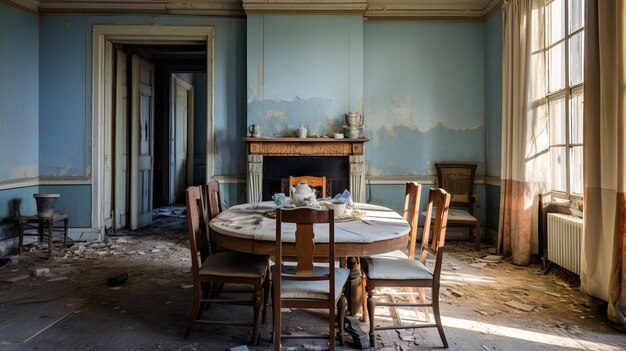 Foto renovierungswürdiges verlassenes esszimmer mit traditioneller britischer landschaft