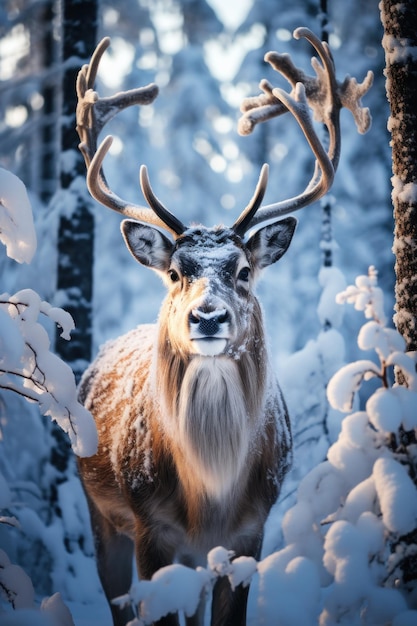 Rentiere im Schnee Majestätische Tiere, schneebedeckte Bäume und ein Sternenhimmel