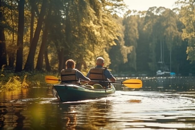 Rentner fahren mit Schwimmwesten mit einem Paddelbrett oder Kajak auf einem See. Reisen für ältere Menschen