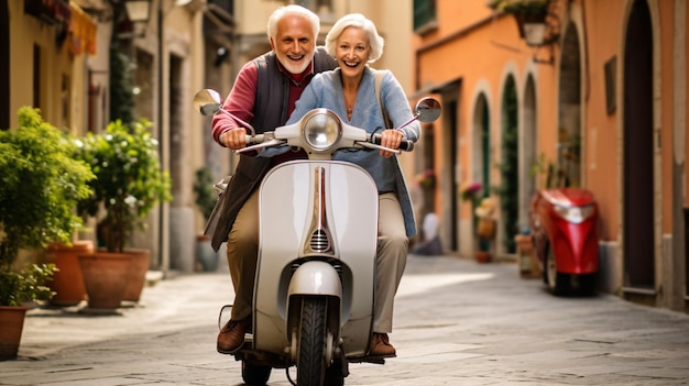 Rentnerehepaar auf Roller in Italien