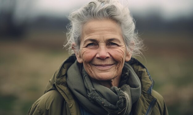 Foto rentnerin und aktive reife frau, die draußen in die kamera lächelt, generative ki