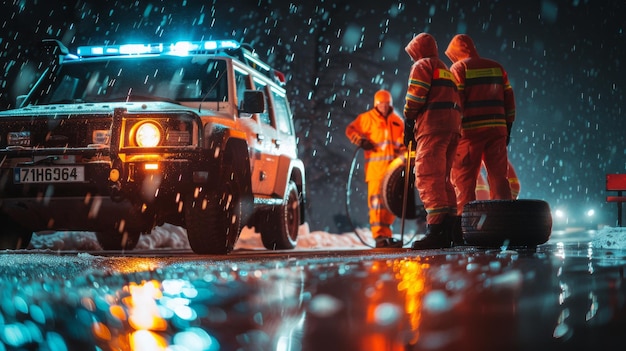 Foto reparação de carro na estrada mudando uma roda à noite