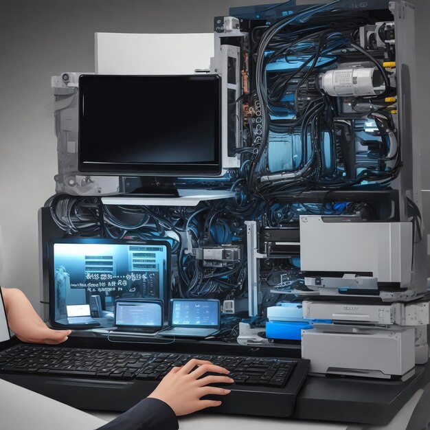 Foto reparação de computadores caos pessoas pc mulher de negócios tecnologia escritório isolado fundo branco