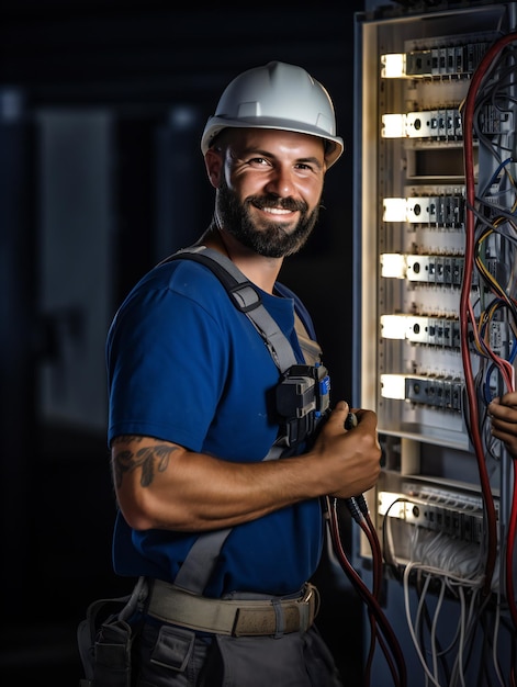 Reparação de eletricista e retrato com homem bonito na sala de controle para mecânico de ferramentas ou segurança