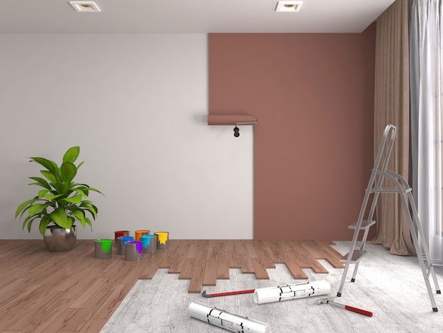 Reparação e pintura de paredes no quarto. Ilustração 3D